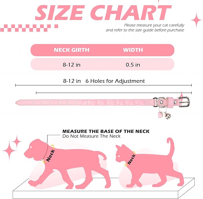 EXPAWLORER Halloween Leather Cat Collar - Adjustable Pet Collar with Rivet Spike for Girl Boy Cats, Punk Accessories with Bell & Durable D-Ring,Pink Square Nails