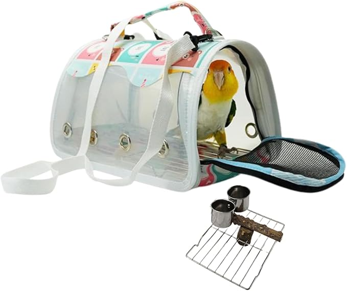 Bird Carrier Bag Bird Travel Cage with Indestructible Stainless Steel Mesh, Feeder Cups and Stand Perch, Portable Bird Travel Bag, Pet Transparent Breathable Travel Cage (Colorful,Medium)