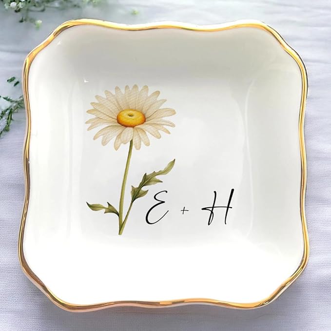Personalized Floral Jewelry Dish, Engaged Ring Dish, Custom Trinket Dish Engagement Gift for Newly Engaged Couple, Mr and Mrs Ring Dish Just Married Valentines Gifts Keepsake