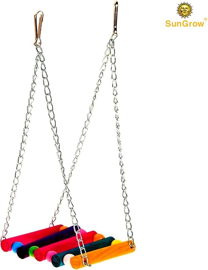 SunGrow Parrot Bird Swing Wooden Perch, Hanging Cage Accessory, Metal Chain Clasp, Colorful Bead Bar Design, Climb Ladder Hammock Setup, Indoor Mount System for Small Medium Pet Type Conure Parakeet