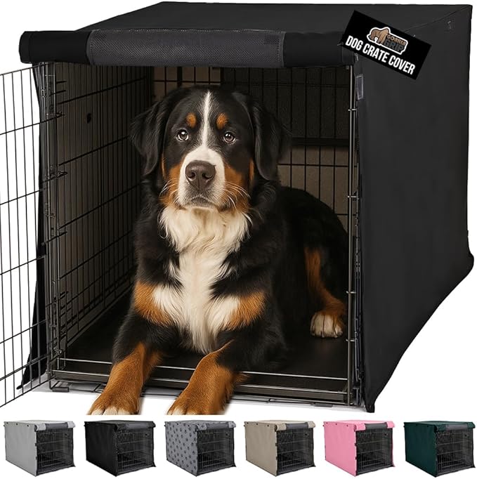 GORILLA GRIP Dog Crate Covers Compatible with Amazon Basics Dog Crates, All Sides Open, Privacy Cover Fits 48" Wire Kennel, Breathable Mesh Windows, Light Reducing Puppy Training Cage Topper, Black