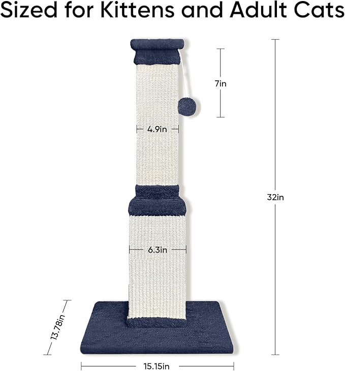 AGYM 32 Inch Cat Scratching Post for Large Cats, Cat Scratcher for Indoor Cats Adults, Sturdy Sisal Scratch Post to Protect Furniture, Blue