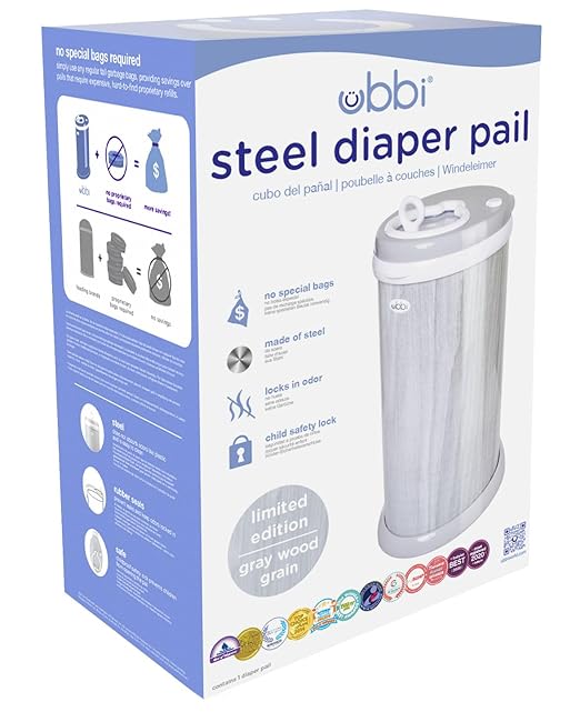 Ubbi Steel Diaper Pail, Odor Locking, No Special Bag Required, Award-Winning, Registry Must-Have, Woodgrain