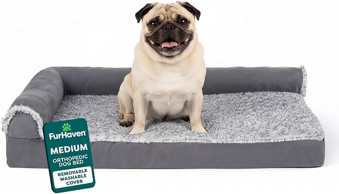 FurHaven Orthopedic Dog Bed for Medium Dogs, L-Shaped Chaise Mattress with Orthopedic Egg Crate & a Solid Orthopedic Foam Base for Joint Support, Washable Cover, Medium, Faux Fur & Suede, Stone Gray