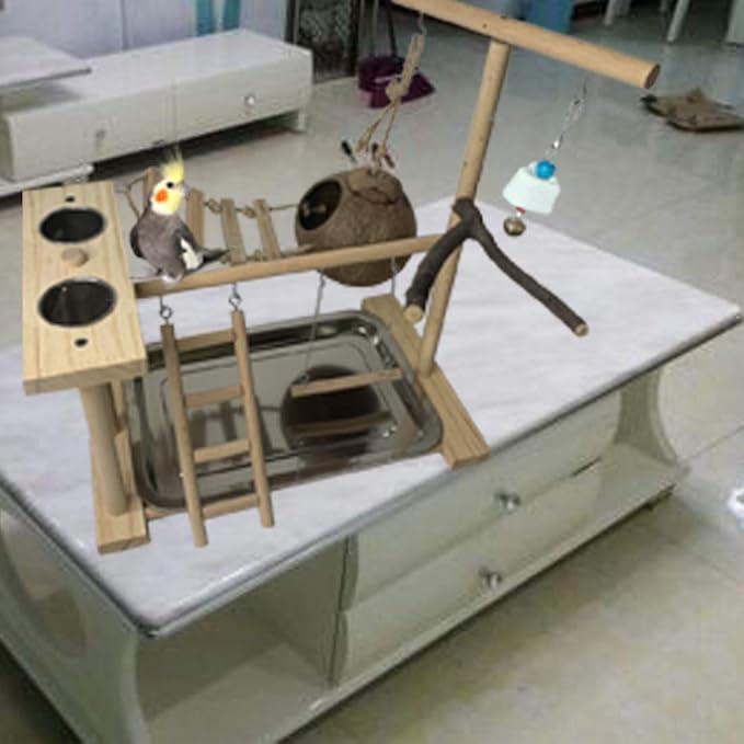 Hamiledyi Parrot Playground Bird Play Stand Natural Wood Parrot Perch Gym with Feeder Cups Cockatiel Nest with Ladder Lovebirds Cage Accessories Toy Exercise Activity Center for Cockatiel Lovebirds