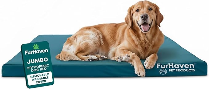 FurHaven Water-Resistant Orthopedic Dog Bed for Large Dogs, Oxford Polycanvas Mattress with Egg Crate and Solid Orthopedic Foam Base for Joint Support, Washable Cover, Jumbo XL, Deep Lagoon