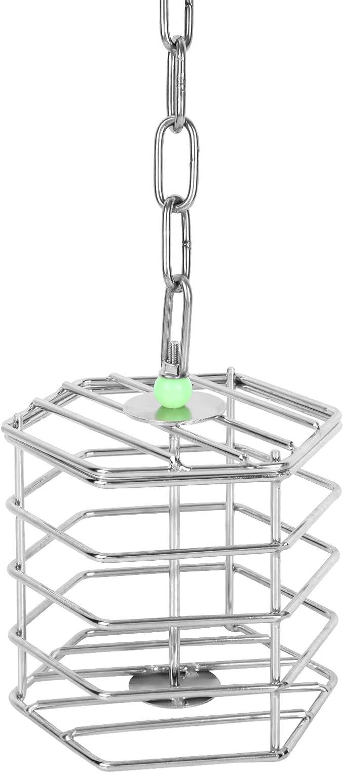 Stainless Steel Bird Suet Feeder Cage with Chain & Bead, Hanging Bird Food Holder Intelligent Feeding Box Millet Treat Holder for Macaw Cockatoo Cockatiel Parrot