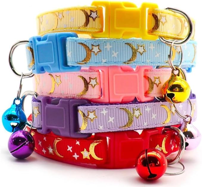 Reflective Cat Collars Breakaway with Bell Moons Stars 2 Pack Girl Boy Pet Kitten Collar Adjustable 7.5-12.5 Inch (Purple)