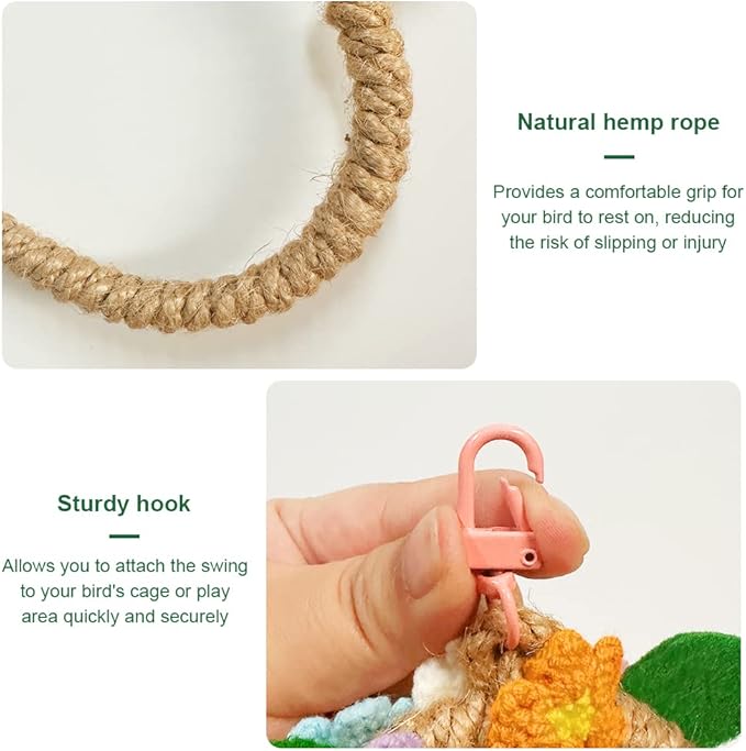 La La Pet® Bird Rope Swing with Hanging Hook Bird Rope Perch Bird Swing Perch Bird Perch Stand Bird Cage Toy for Parrot Budgie Parakeet Cockatiel Cockatoo Conure Large