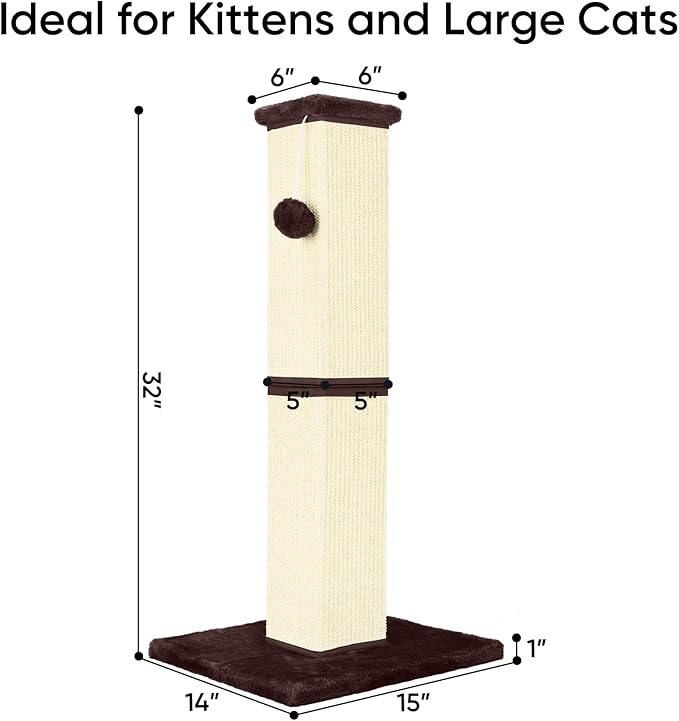 Cat Scratching Post 32 Inch for Indoor Large Cats and Kitten, Nature Sisal Tall Cat Scratch Post, Sisal Cat Scratcher Improve Cat's Scratching Habits and Protect Your Furniture, Beige