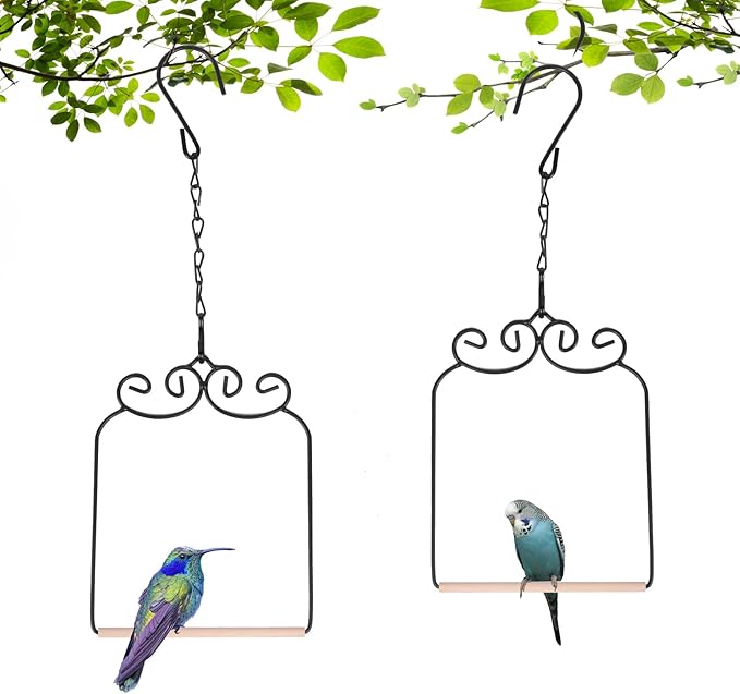 2PK Metal Frame Hummingbird Swings and Perches with Wooden Dowel Black Bird Swing Outdoor Bird Perch Humming Bird Swing (2PK)