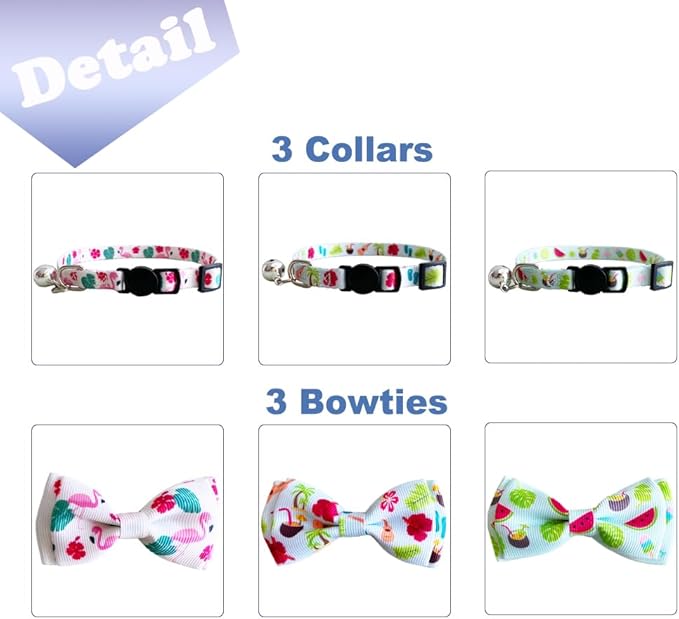 3 Pack Hawaiian Breakaway Cat Collar with Removable Cute Bow Tie and Bell Adjustable Safety Buckle Fruit Flamingos Hawaiian Styles