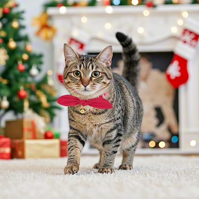 Bunny Ear Cat Collar with Bell and Bow Tie, Breakaway Cute Bowtie Kitten Collars(Red)