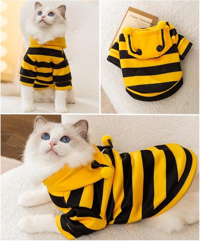Selena Cat Bee Antennae Costume Hoodies Cute Bee Stripes Dog Kitten Puppy Pet Apparel (XX-Large,Yellow&Black)