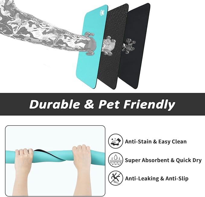 Dog Food Mat - Absorbent Cat Mat for Food and Water, No Stains Pet Feeding Bowl Mat, Easy to Clean Pet Placemats, Quick Dry Dog Water Dispenser Mat for Messy Drinkers | Paw Teal 16"x 24"