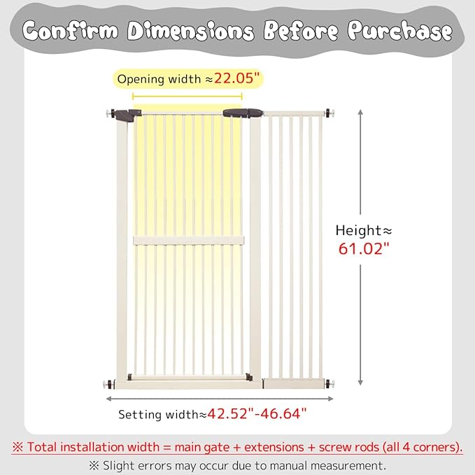 Lumizone Extra Tall Cat Gate 61.02" High Pressure Mounted Extra Wide 42.52"-46.64" (17Sizes) 1.37" Gap No Drilling Auto-Close Tall Pet Gate for Dogs (Cream, 42.52"-46.64" W)
