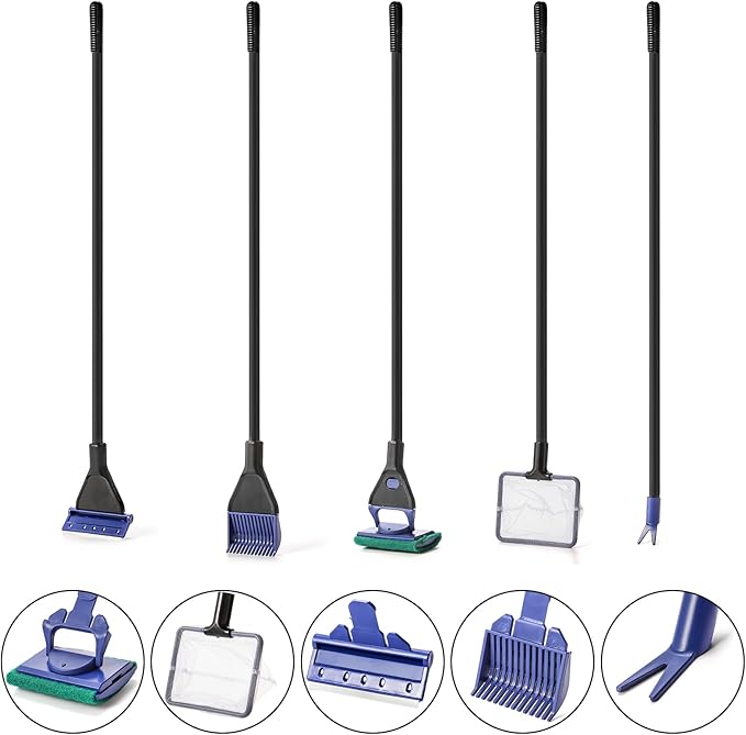 TOPZEA Aquarium Cleaning Tool Kit, 5 in 1 Fish Tank Cleaner Tools Set Including Algae Scraper, Fish Net, Cleaning Sponge, Plant Fork, Gravel Rake, with 19 Inch Long Handle