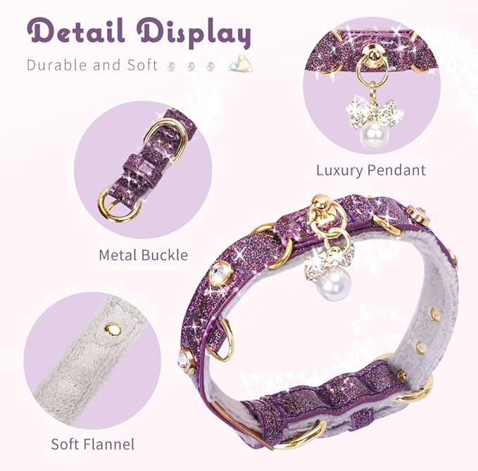 PetsHome Cat Collar, Dog Collar, [Bling Rhinestones] PU Leather Adjustable Pet Collar with Luxury Pendant for Cat and Small Dog Extra Small Purple