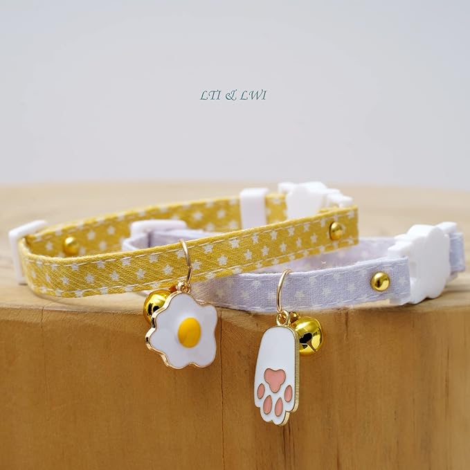 2 Pack Star Cotton Breakaway Cat Collars with Bell Egg Cat Paw Pendant Kitty Kitten Collars Yellow Purple Collar for Female Girl Cats Male Boy Cats
