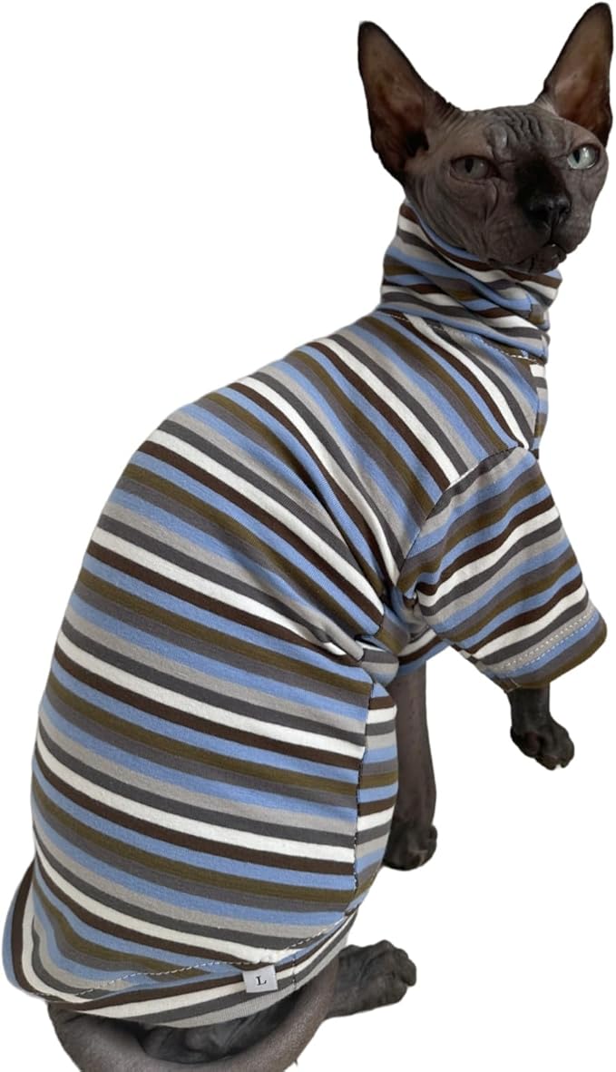 Vintage Stripes Sphynx Hairless Cats Shirt Cotton Cat Turtleneck Pet Clothes Kitten T-Shirts with Sleeves for Sphynx Cats (Storm, Large)