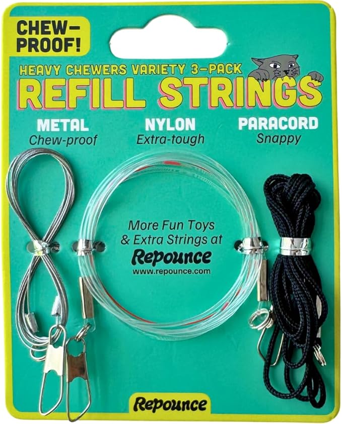 Replacement Strings for Cat Wands, 3 Pieces - Chew-Proof Metal Wire, Durable No Tangle Transparent Fishing Line and Paracord String - Heavy Chewers Refill Strings with Universal Clasps for All Toys