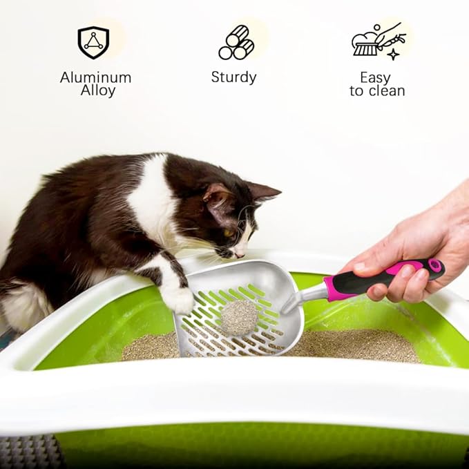 Cat Litter Scoop-Metal Cat Scooper-Long Handle Scoop,Cat Scooper-Poop Sifting-Mesh Shovel-Suitable for Cat Litter Box, (Rose Red)-Christmas