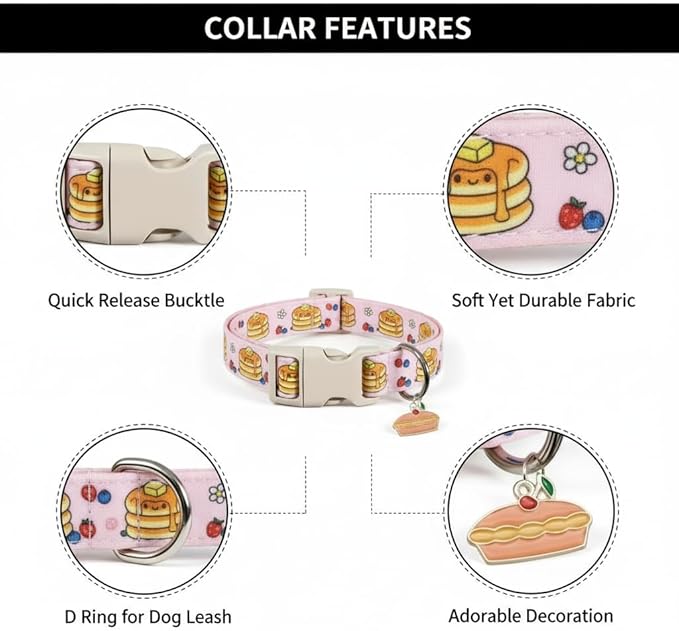 Pink Dog Collar, Girl Dog Collar with Pancake Print, Cute Spring Summer Food Collar with Soft & Breathable Fabric, Adjustable Pet Collar for Small Medium Large Dogs