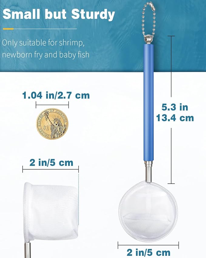 Pawfly Soft Round Aquarium Net, 2 Inch Shrimp Net with Extendable Stainless Steel Handle for Baby Fish, Food Residue Debris
