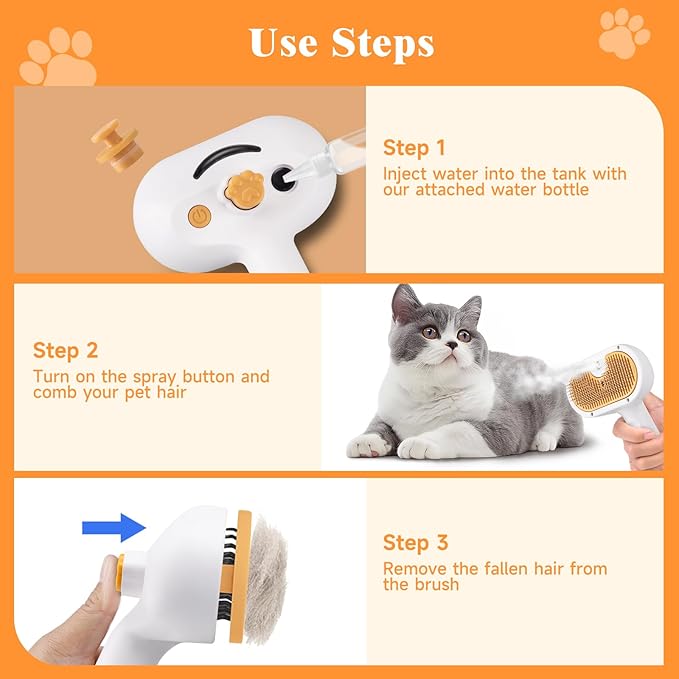 Pet Steam Brush for Dog & Cat – shower bath brush – Steam for Shedding & Grooming Water Brush for Long & Short Haired Pets Spritz Defur Comb 3-in-1 Spray Hair Removal Comb