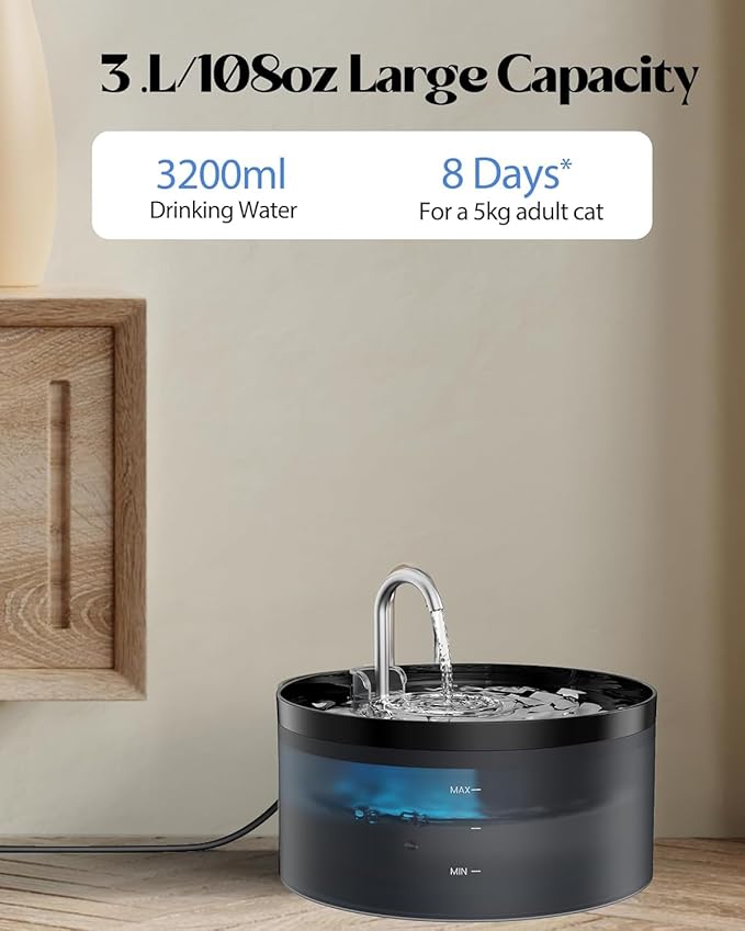 Cat Water Fountain Pet Fountain: Cat Water Dispenser - 108oz/3.2L Automatic Pet Drinking Waterer Bowls Indoor - Quiet Dog Dispenser - Black Faucet Dog Bowl - Easy Cleaning