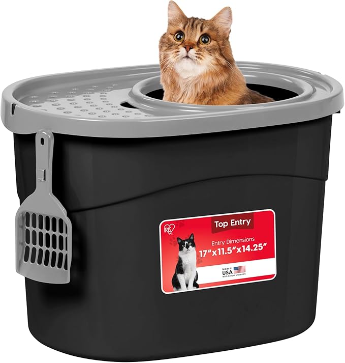 IRIS USA Top Entry Cat Litter Box, Large Enclosed with Litter Catching Lid and Scoop, Dog Proof, Cat Litter Box, Black/Gray
