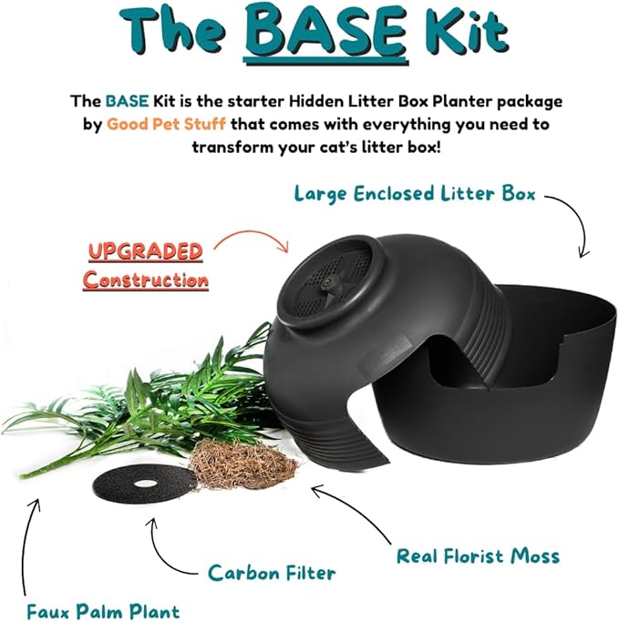Good Pet Stuff Hidden Litter Box Planter, Decorative Cat Litter Enclosure with Carbon Filter, Artificial Plant, Easy Clean, Improved Design, Round Style, Base Kit, Matte Black