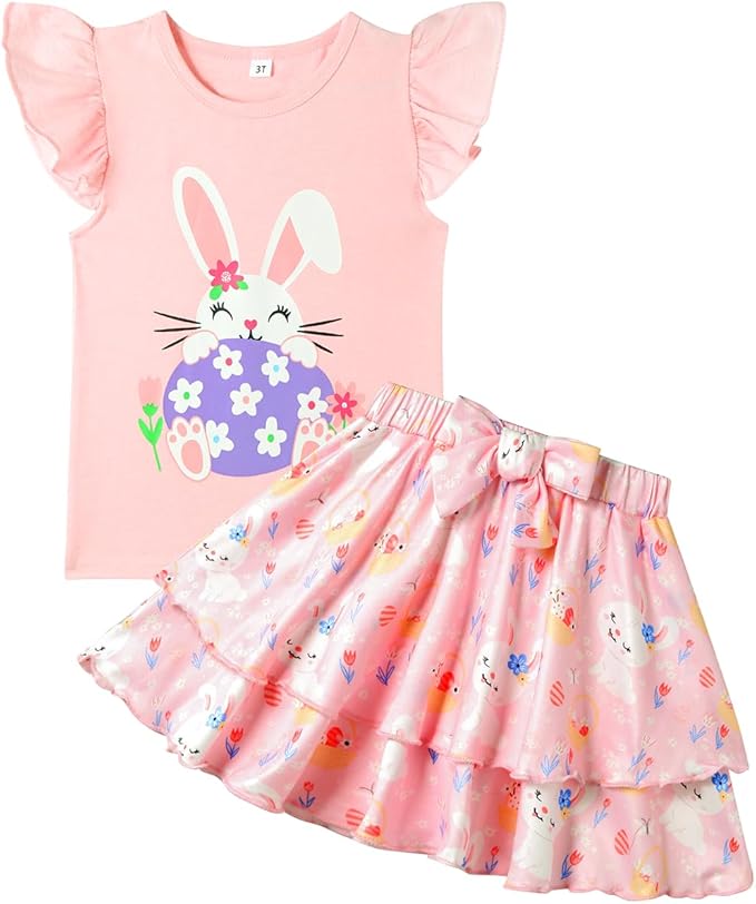 Girls Skirt Set 2 Piece Outfit Toddler Summer Clothes Ruffle Sleeve T-Shirt Bow Knot Tutu Skirt Outfit Set
