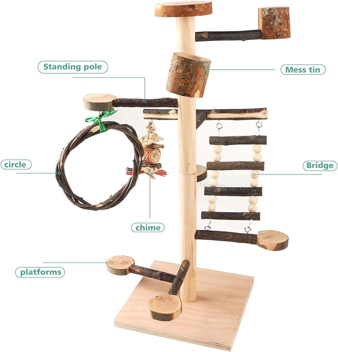 HOSUKKO Bird Playground Parrots Play Stand Wood Perches Stand, Bird Gym Playpen Platform Ladder with Feeder Cups for Cockatiels Budgies Lovebirds, Brown
