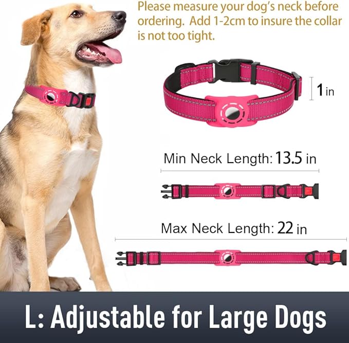 Airtag Dog Collar with AirTag Holder for Large Dogs, Reflective, Soft Padded & Safety Locking Buckle, Nylon Pet Collars Adjustable for All Breeds, Hotpink,L
