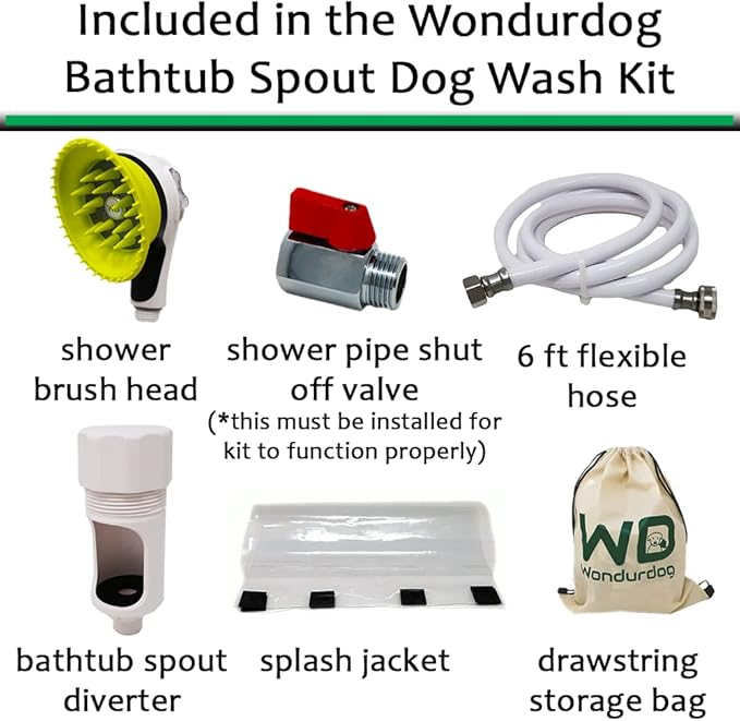 Wondurdog Bathtub Spout and Garden Hose Attachment Dog Wash Kit w/Splash Shield and Rubber Scrubbing Teeth. Tub Spouts with Front Pull Up Diverter Only. Pet Grooming for Long and Short Hair.