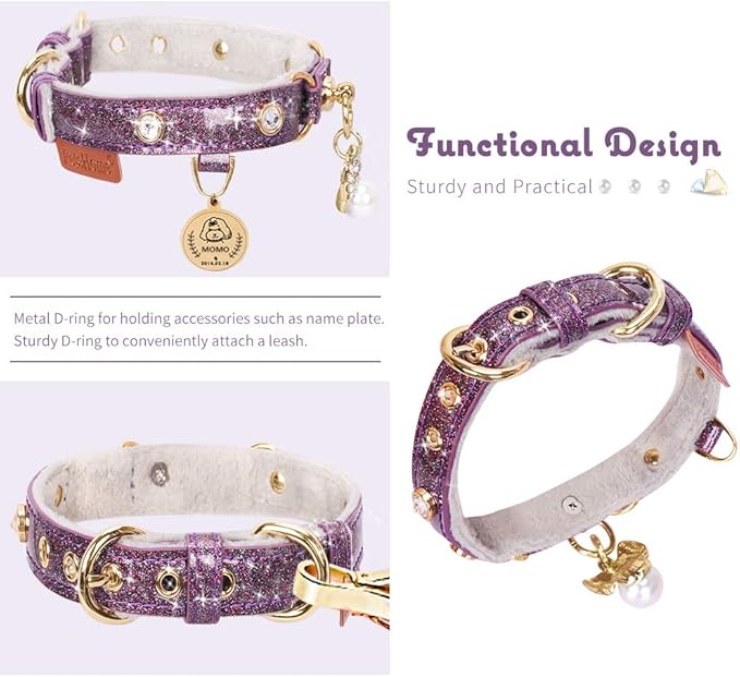 PetsHome Cat Collar, Dog Collar, [Bling Rhinestones] PU Leather Adjustable Pet Collar with Luxury Pendant for Cat and Small Dog Extra Small Purple