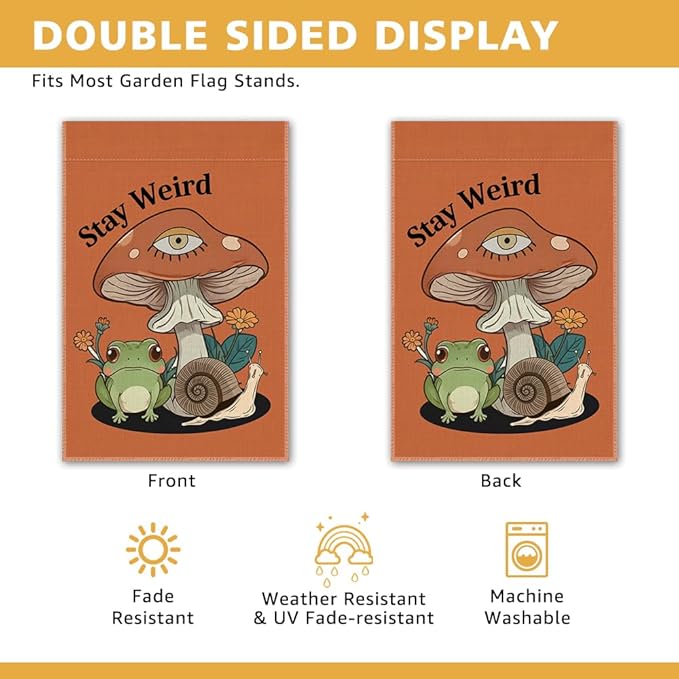 Stay Weird Garden Flag, Funny Frog Mushrooms Summer Yard Flag for Outside, Double Sided Yard Outdoor Farmhouse Lawn Porch Garden Banner, Housewarming Gifts for Frog Lover Friend Family Neighbor