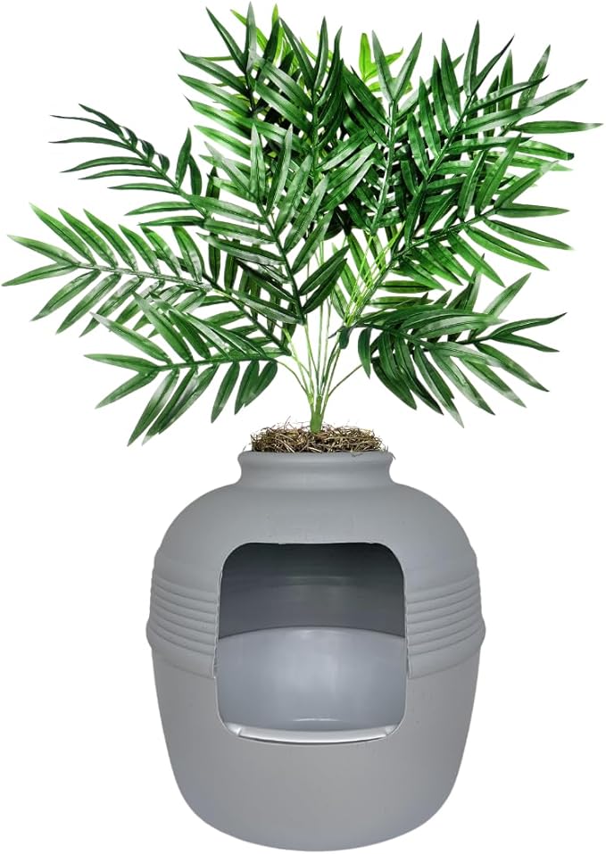 Good Pet Stuff Hidden Litter Box Planter, Decorative Cat Litter Enclosure with Carbon Filter, Artificial Plant, Easy Clean, Indoor Design, Original Round Style, Essentials Kit, Stone Gray