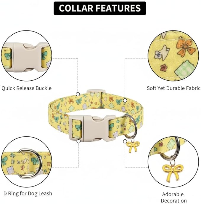 Bow Dog Collar for Large Dogs, Cute Dog Collar with Bow Print and Charm, Pet Collar with Soft Fabric and Quick Release Buckle, Adjustable for Extra Small, Small, Medium & Large Dogs