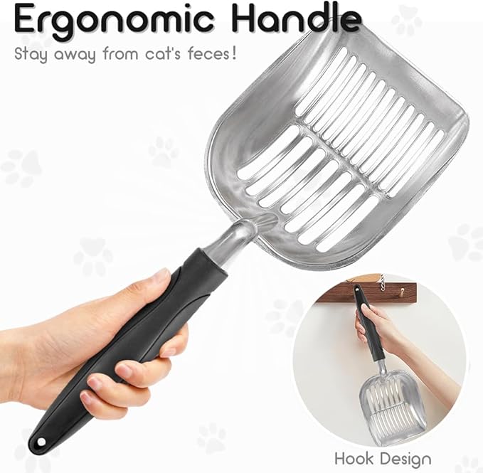 Cat Litter Scoop, Metal Cat Scooper, Plastic Handle Scoop, Sifting Shovel – Heavy Duty Aluminum Alloy Litter Box Scoop with Deep Mesh, Design for Easy Waste Removal and Cleaning, (Black)
