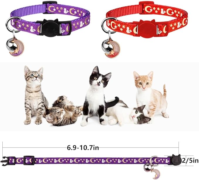 Baeuppit 2PCS Breakaway Cat Collars with Bell Cute Kitty Glow in The Dark Adjustable Kitten Collars(Red&Purple)