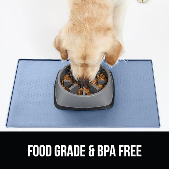 GORILLA GRIP 100% Waterproof Raised Edge BPA Free Silicone Pet Feeding Mat, Dog Cat Food Mats Contain Spills Protects Floors, Placemats for Cats and Dogs Water Bowl, Pets Accessories 18.5x11.5 Blue