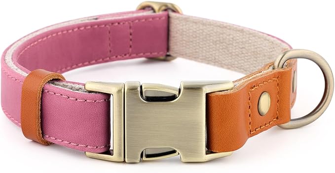 Plutus Pet Genuine Leather & Hemp Dog Collar – Adjustable Heavy Duty Pet Collar with Quick Release Metal Buckle, Soft & Stylish for Puppy and Small, Medium, Large Dogs (Pink, M)