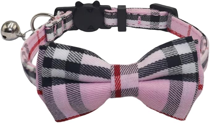 THAIN Cat Collar Breakaway with Bell and Bow Tie Safety Buckle Pink Plaid Pattern Adjustable 7-11 inches for Kitten Cats(Pink Plaid)