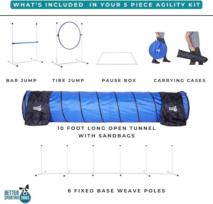 Better Sporting Dogs Complete Starter Agility Set for Dogs | 5 Piece Dog Agility Kit | Agility Jump | Tire Jump | Weave Poles | 10’ Tunnel with Sandbags | Pause Box