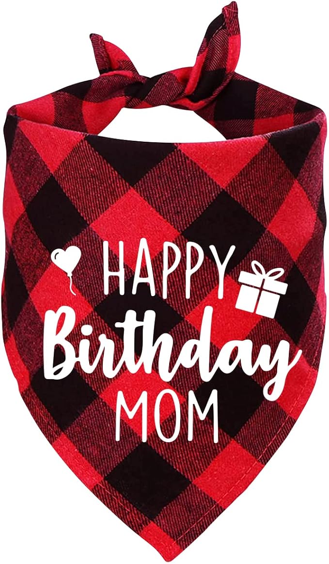 Ptzizi Funny Red Plaid Happy Birthday Mom Dog Printed Triangle Bandana, Small Medium Large Girl Pet Dog Birthday Party Scarf Bib Accessories Gift for Pet Dog Lovers Gift