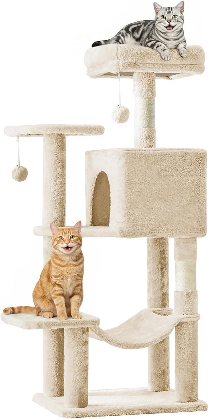 DUMOS Small 44 Inch Cat Tree Tower, Cat Climbing Tower with Natural Sisal Scratching Posts, Hammock, Pet Condo for Indoor Cats and Kittens Play, Beige