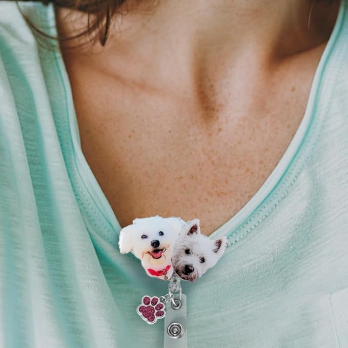 callie Personalized Pet Badge Reel - Custom Dog & Cat Photo, Cute ID Badge Holder Retractable with Alligator Clip & Paw Charm, Gifts for Dog Lover Nurse Vet Doctor（3 Pets）