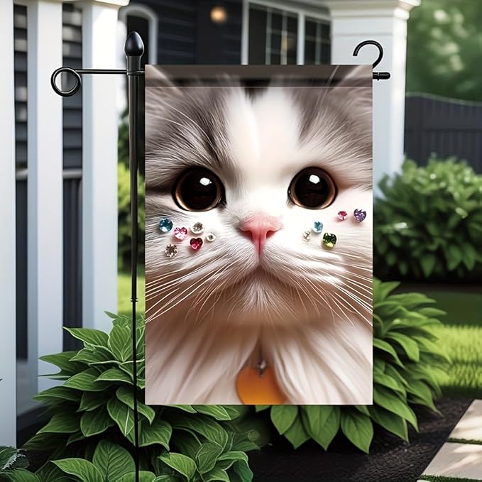Cute Cat Garden Flag 12x18 Inch Double Sided Outdoor Yard Banner Adorable White Kitten with Gemstone Whiskers Sparkling Eyes Pet Lover Decor for Spring Summer Porch Lawn